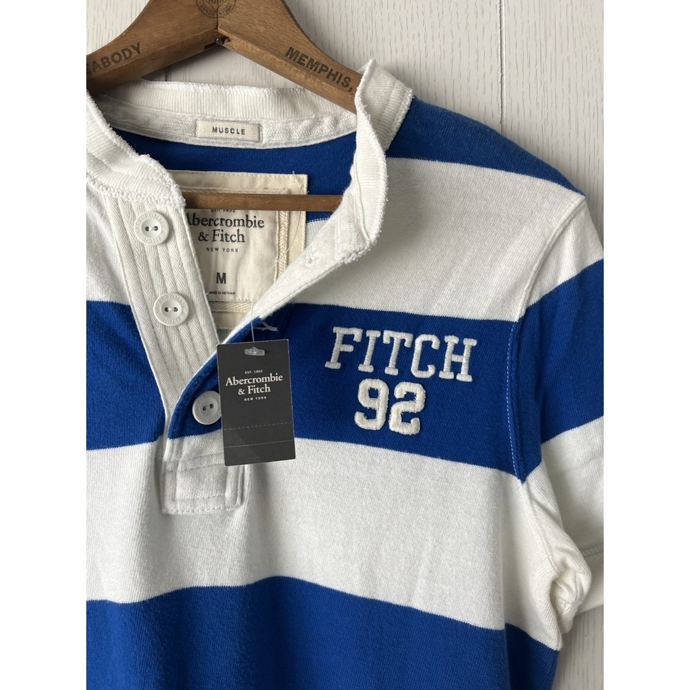 NWT Abercrombie Fitch Muscle Henley Mens M Blue White Stripe Fitch 92 Rugby
